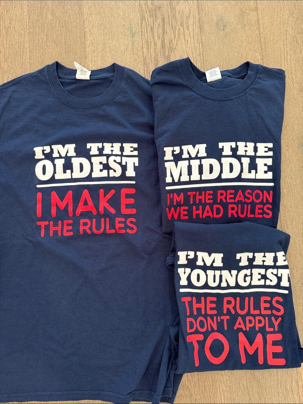 Bundle of 3 Navy Blue Youth T-Shirts Oldest Middle Youngest Child Unisex M,S Fun